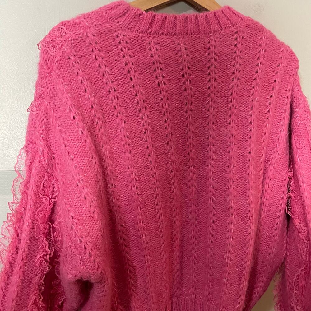 Zara Pink Ruffled & Lace Chunky Knit Sweater SZ Medium Girly Coquette Preppy - Picture 12 of 15